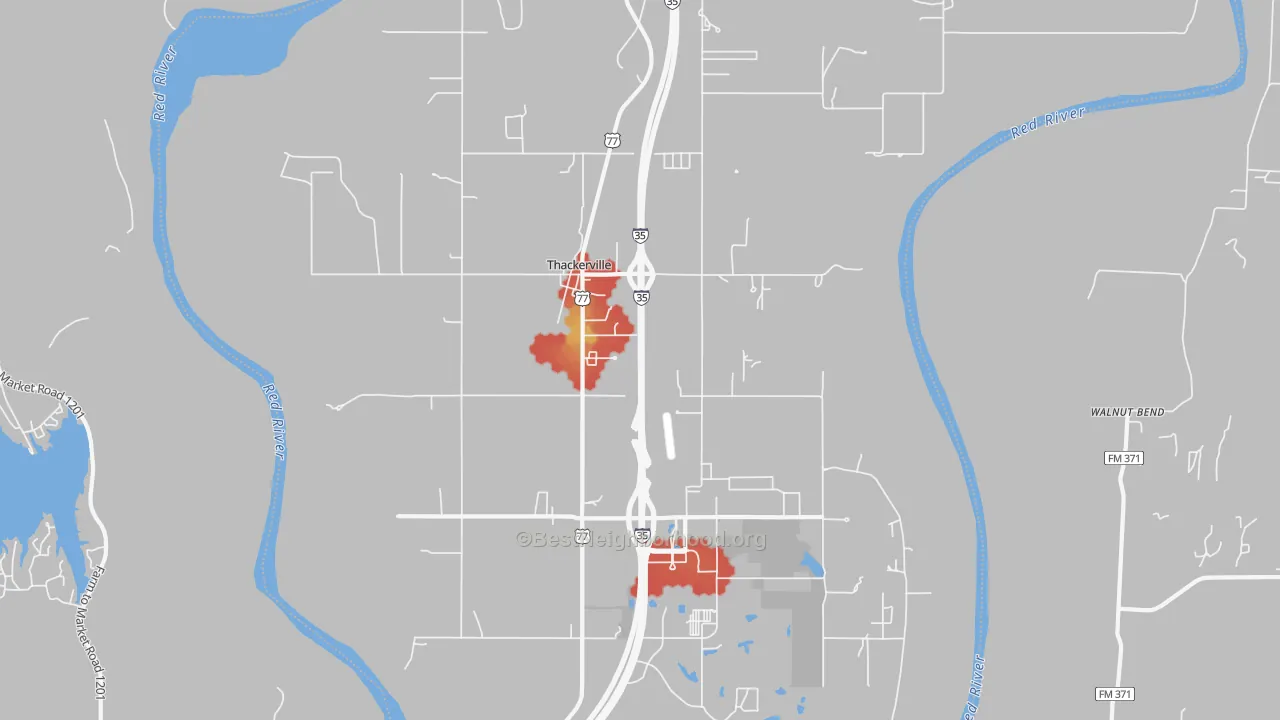 Walk Grade map of 73459, OK, walkable areas in green and car-dependent areas in red