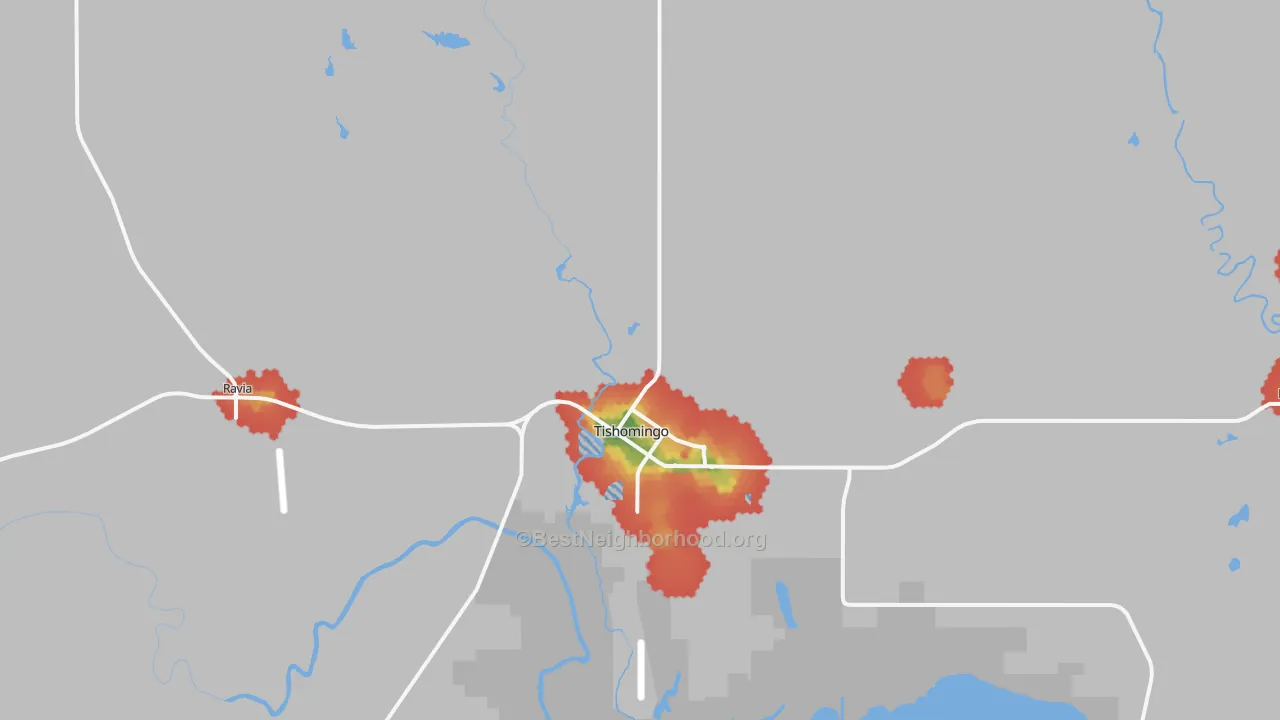 Walk Grade map of 73460, OK, walkable areas in green and car-dependent areas in red