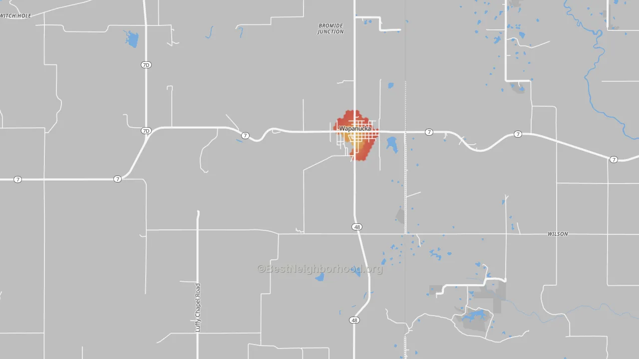 Walk Grade map of 73461, OK, walkable areas in green and car-dependent areas in red