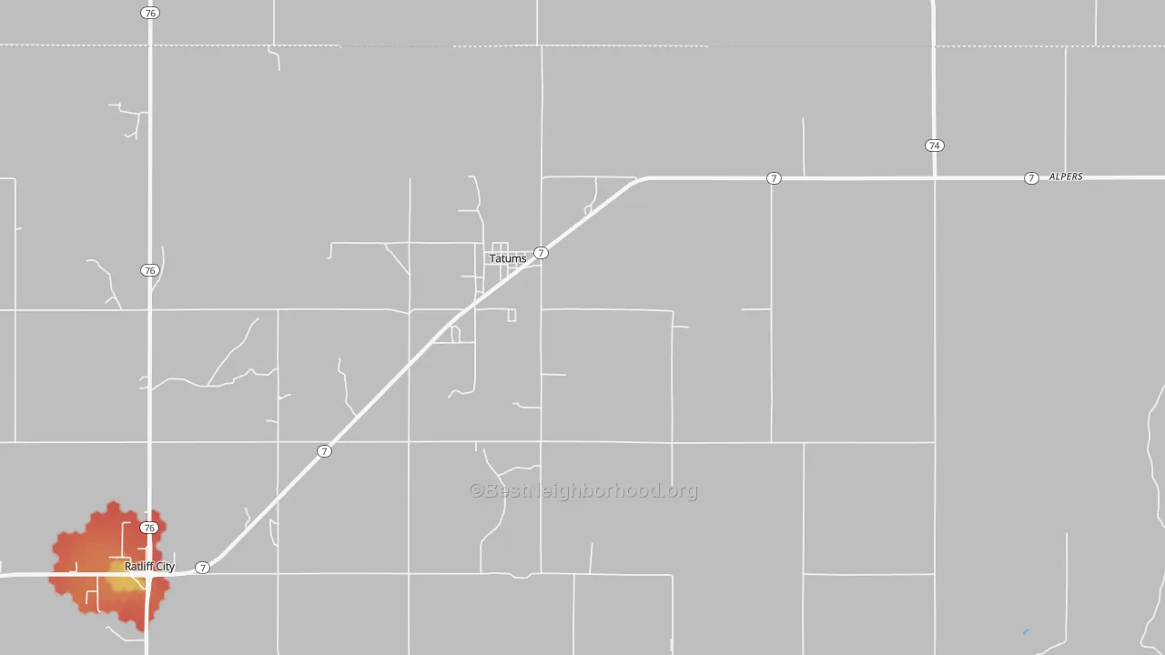 Walk Grade map of 73487, OK, walkable areas in green and car-dependent areas in red