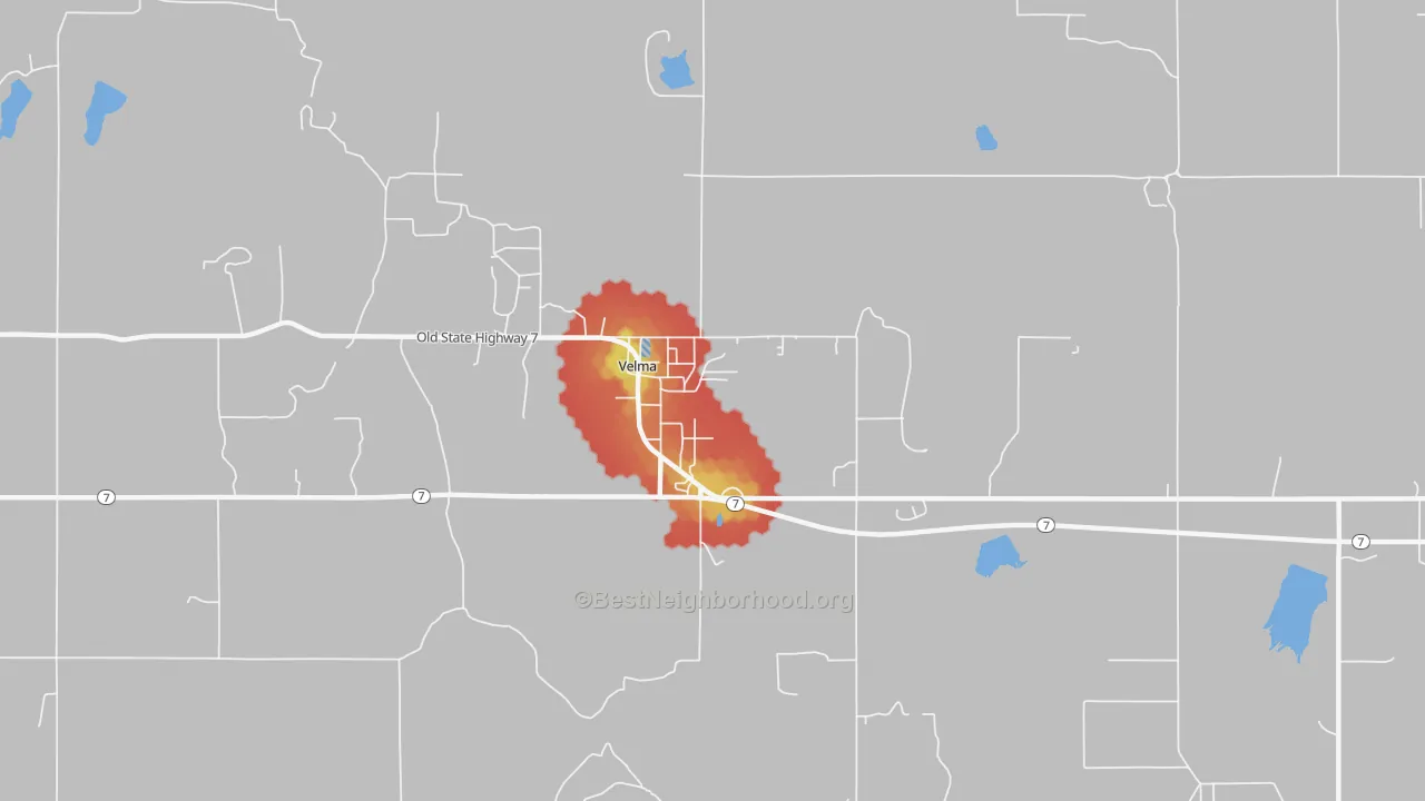 Walk Grade map of 73491, OK, walkable areas in green and car-dependent areas in red