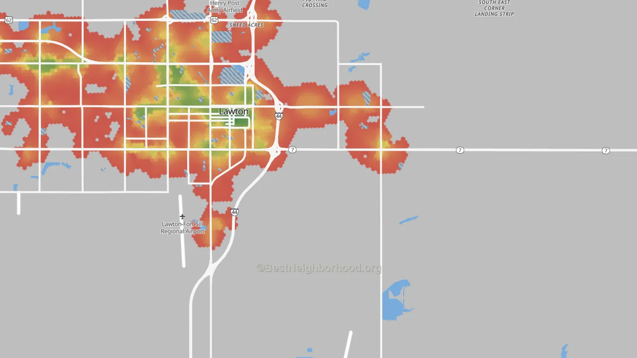 Walk Grade map of 73501, OK, walkable areas in green and car-dependent areas in red