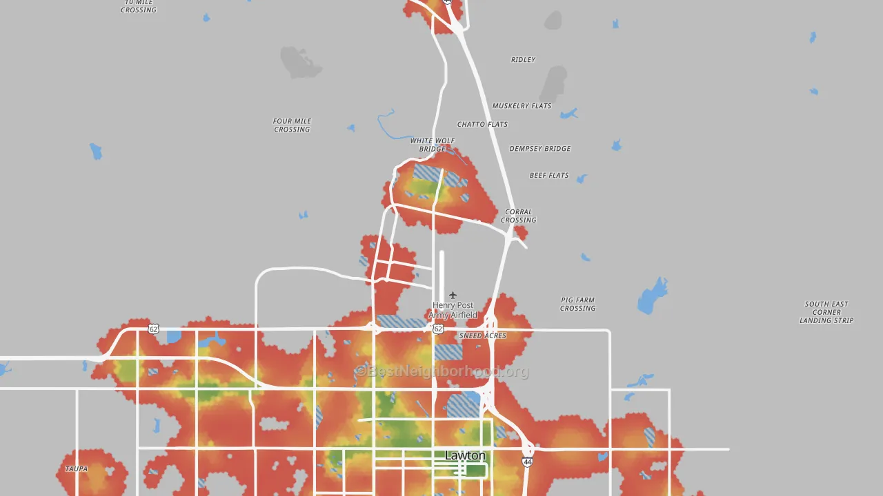 Walk Grade map of 73503, OK, walkable areas in green and car-dependent areas in red