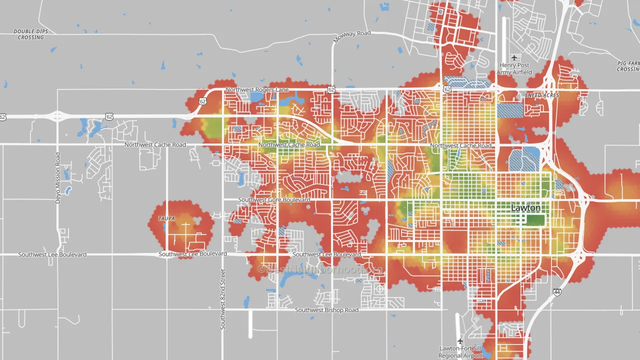 Walk Grade map of 73505, OK, walkable areas in green and car-dependent areas in red