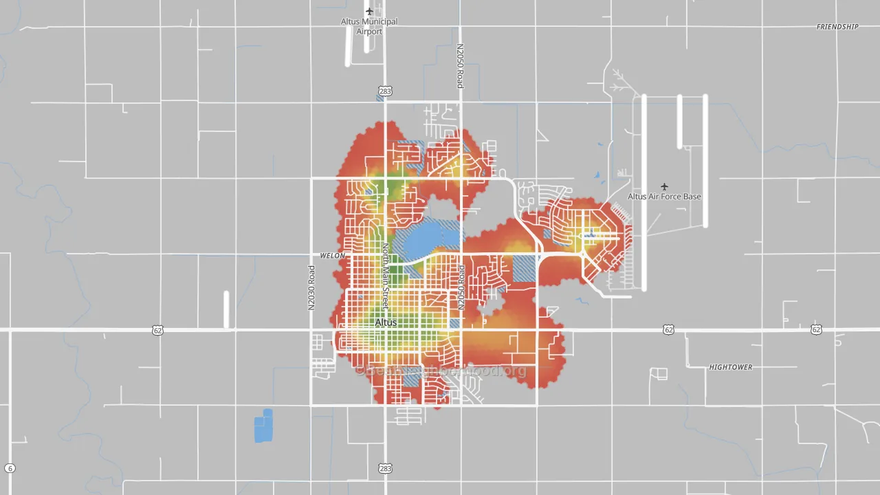 Walk Grade map of 73521, OK, walkable areas in green and car-dependent areas in red