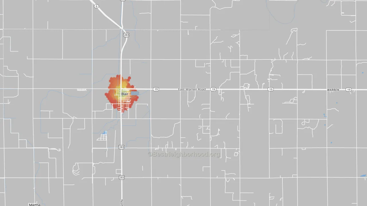 Walk Grade map of 73526, OK, walkable areas in green and car-dependent areas in red