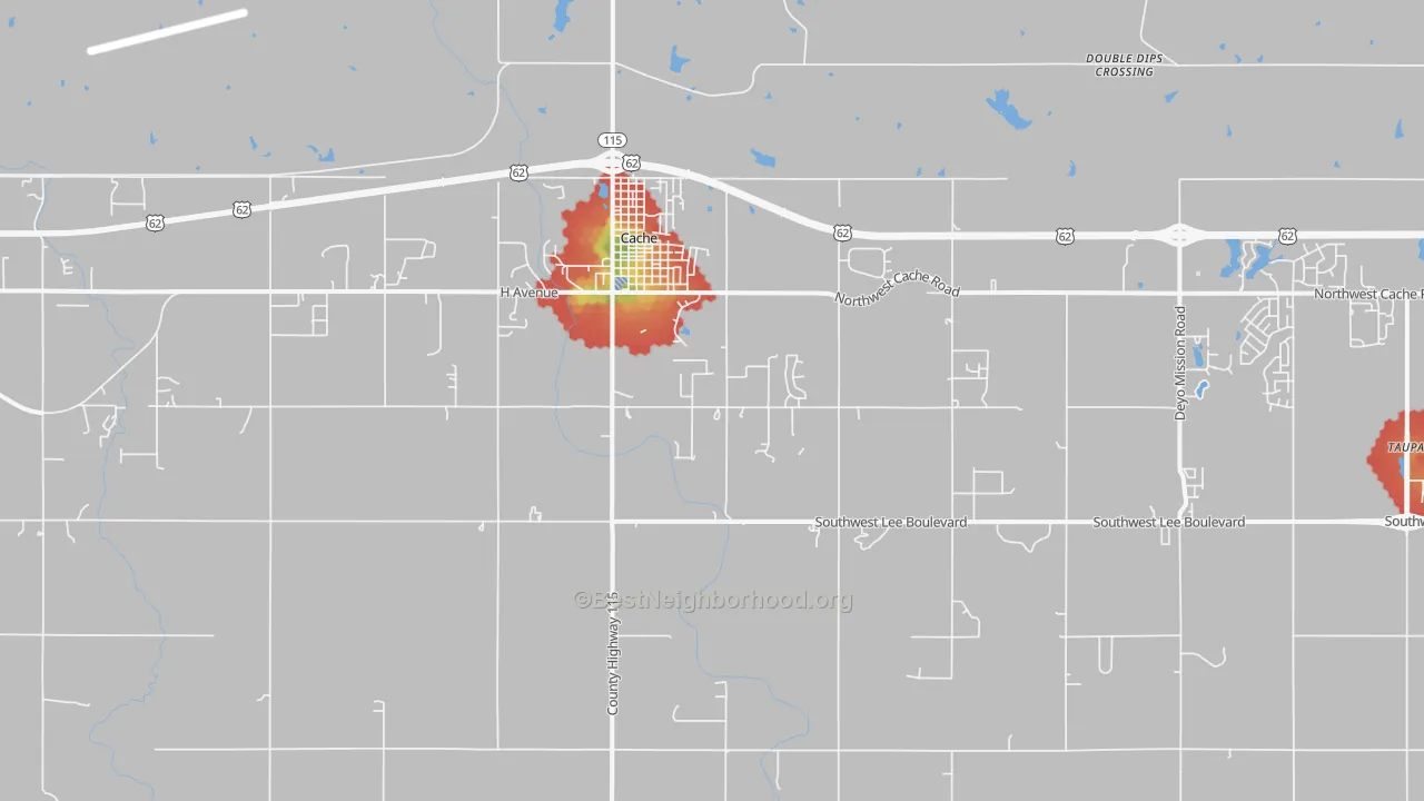 Walk Grade map of 73527, OK, walkable areas in green and car-dependent areas in red