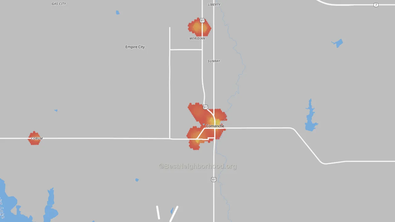 Walk Grade map of 73529, OK, walkable areas in green and car-dependent areas in red