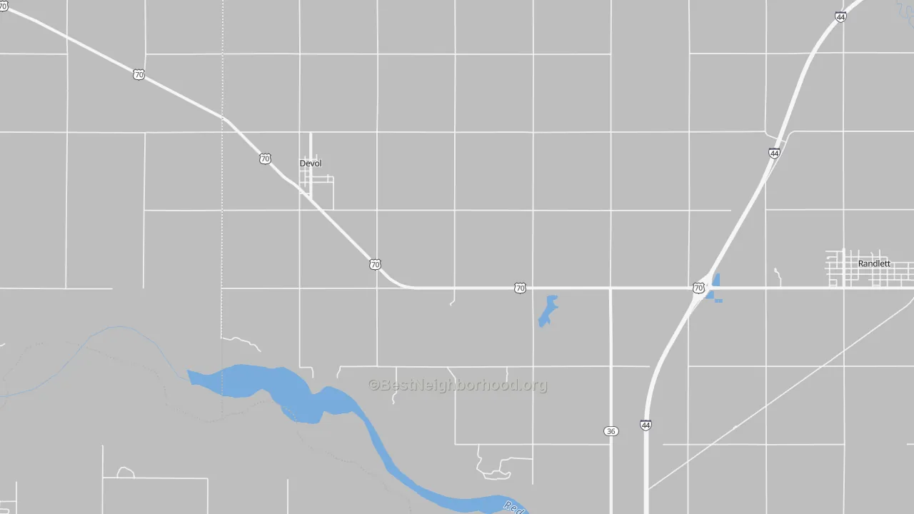 Walk Grade map of 73531, OK, walkable areas in green and car-dependent areas in red