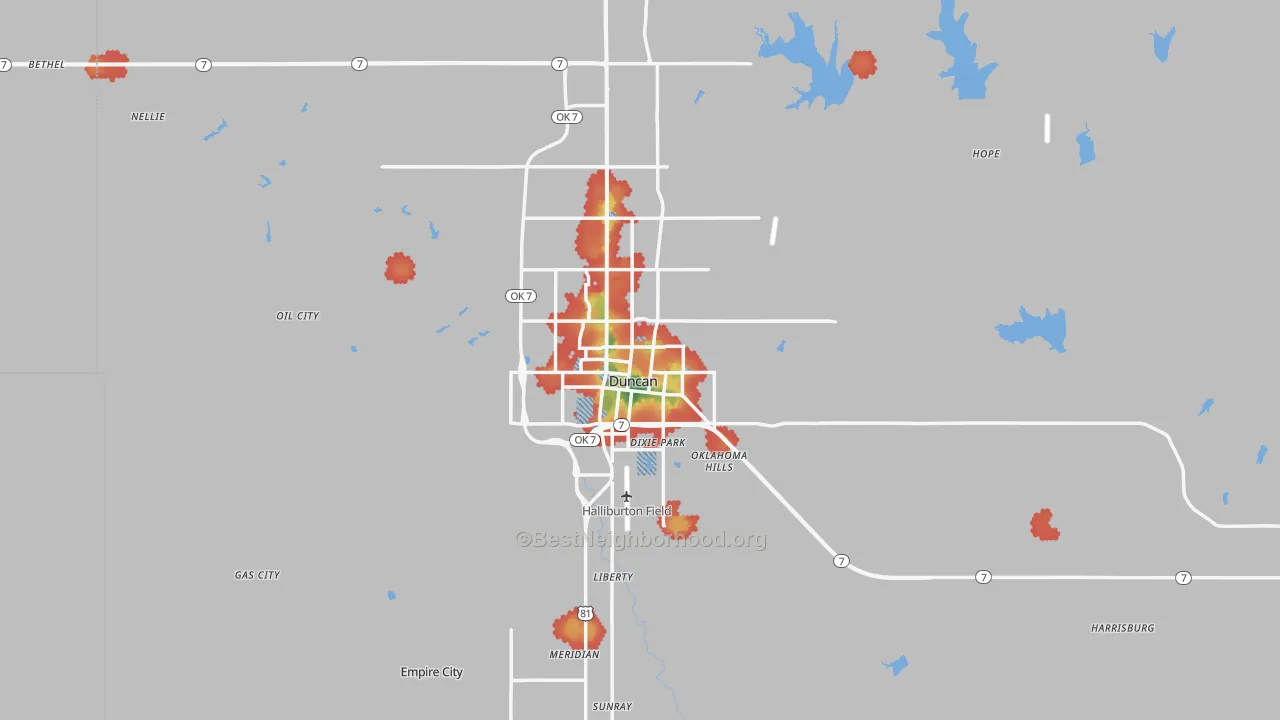 Walk Grade map of 73533, OK, walkable areas in green and car-dependent areas in red