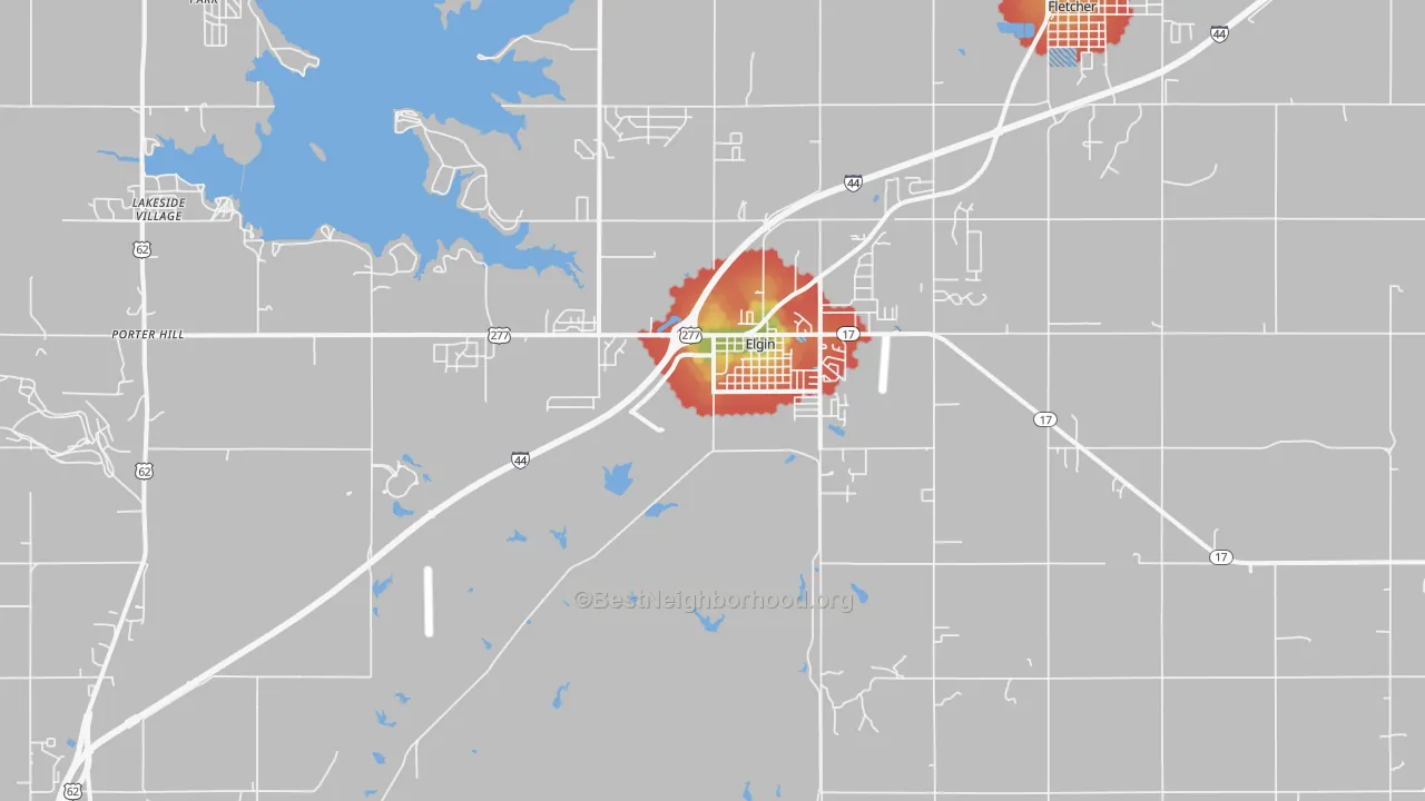 Walk Grade map of 73538, OK, walkable areas in green and car-dependent areas in red