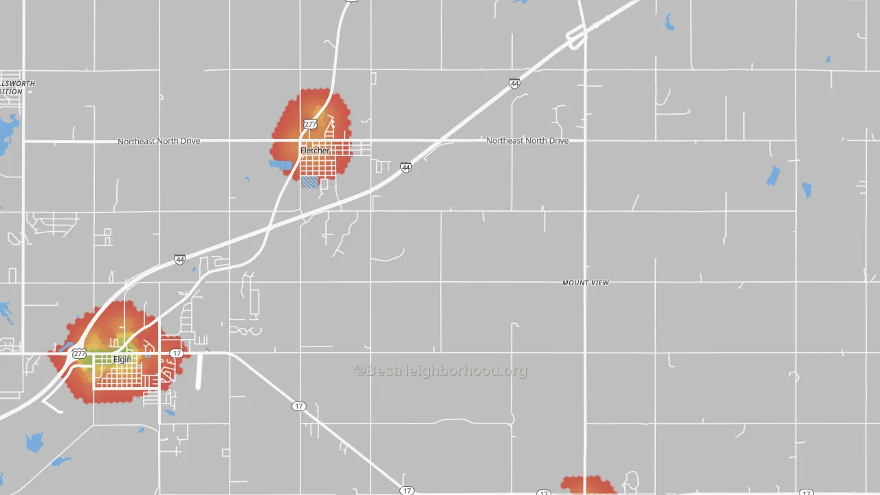 Walk Grade map of 73541, OK, walkable areas in green and car-dependent areas in red