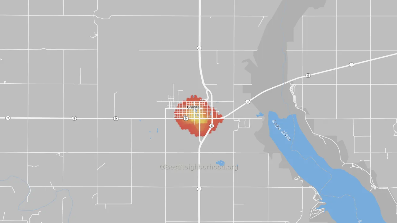 Walk Grade map of 73547, OK, walkable areas in green and car-dependent areas in red