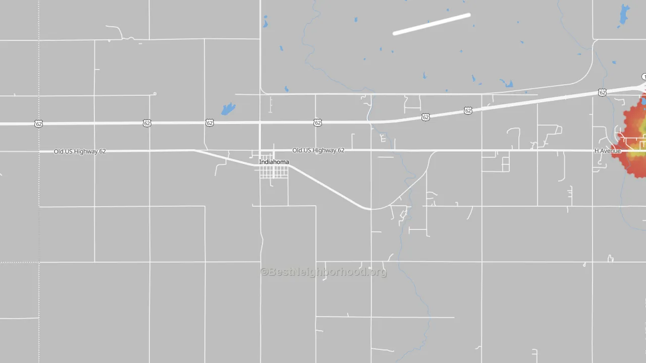 Walk Grade map of 73552, OK, walkable areas in green and car-dependent areas in red