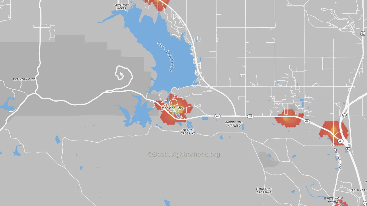 Walk Grade map of 73557, OK, walkable areas in green and car-dependent areas in red