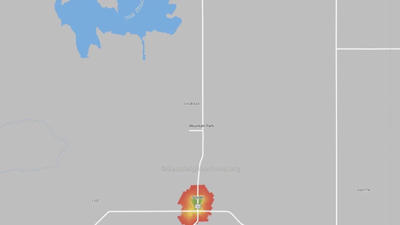 Walk Grade map of 73559, OK, walkable areas in green and car-dependent areas in red