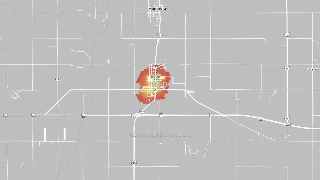 Walk Grade map of 73566, OK, walkable areas in green and car-dependent areas in red