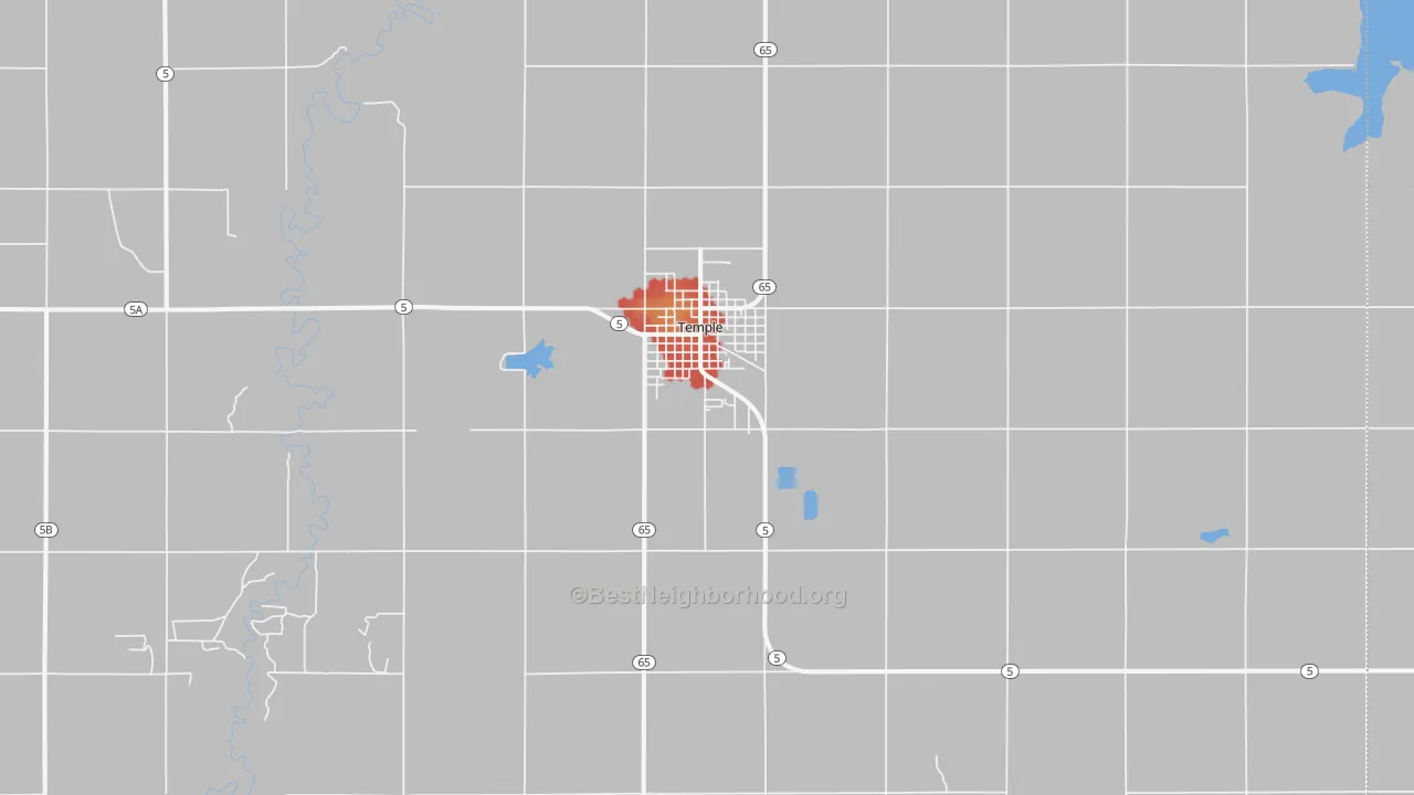 Walk Grade map of 73568, OK, walkable areas in green and car-dependent areas in red