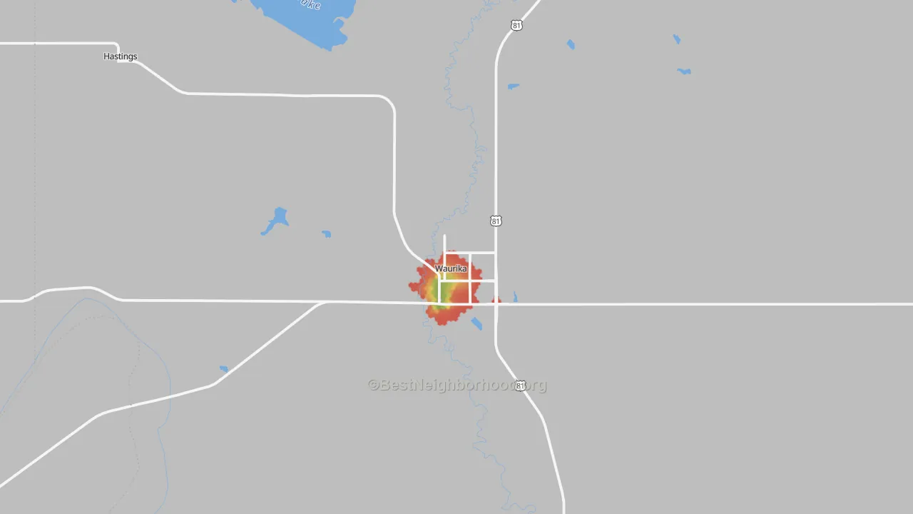 Walk Grade map of 73573, OK, walkable areas in green and car-dependent areas in red