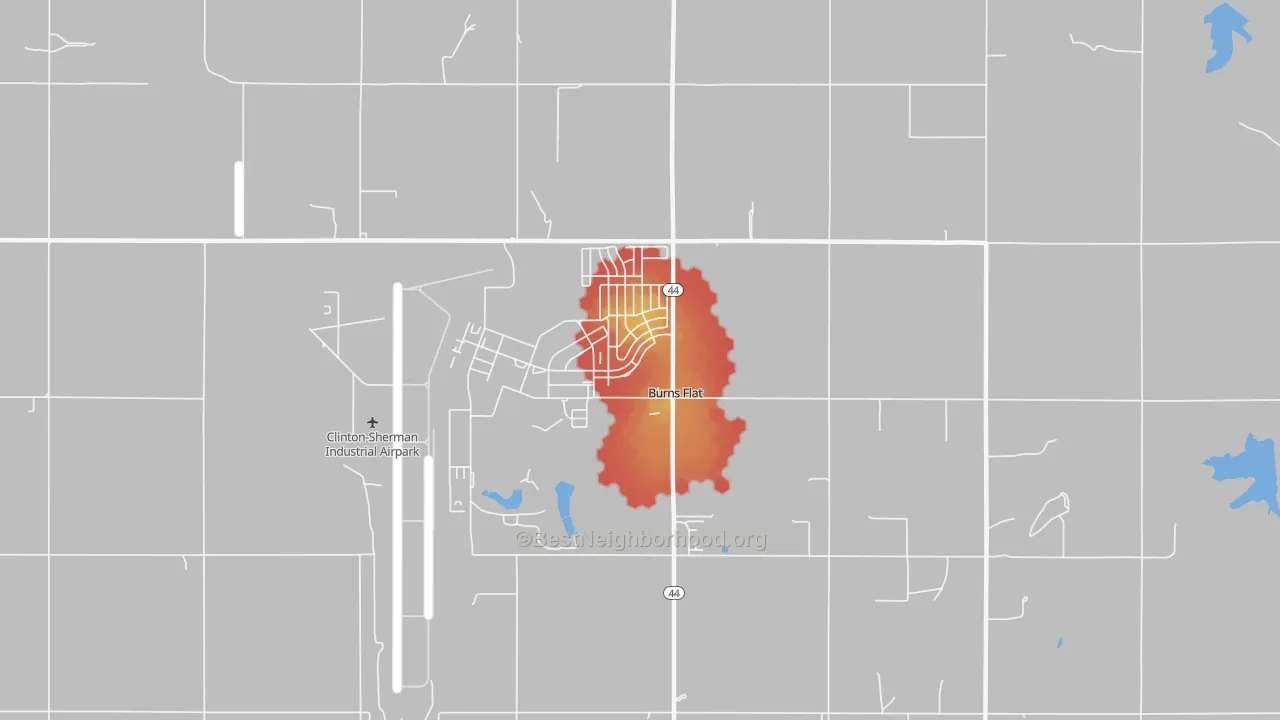 Walk Grade map of 73624, OK, walkable areas in green and car-dependent areas in red