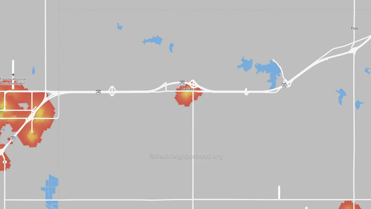 Walk Grade map of 73626, OK, walkable areas in green and car-dependent areas in red
