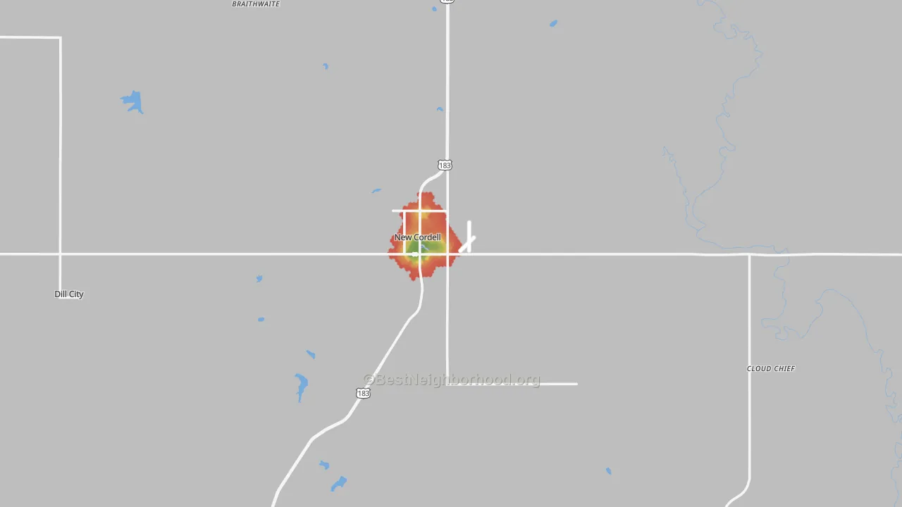 Walk Grade map of 73632, OK, walkable areas in green and car-dependent areas in red