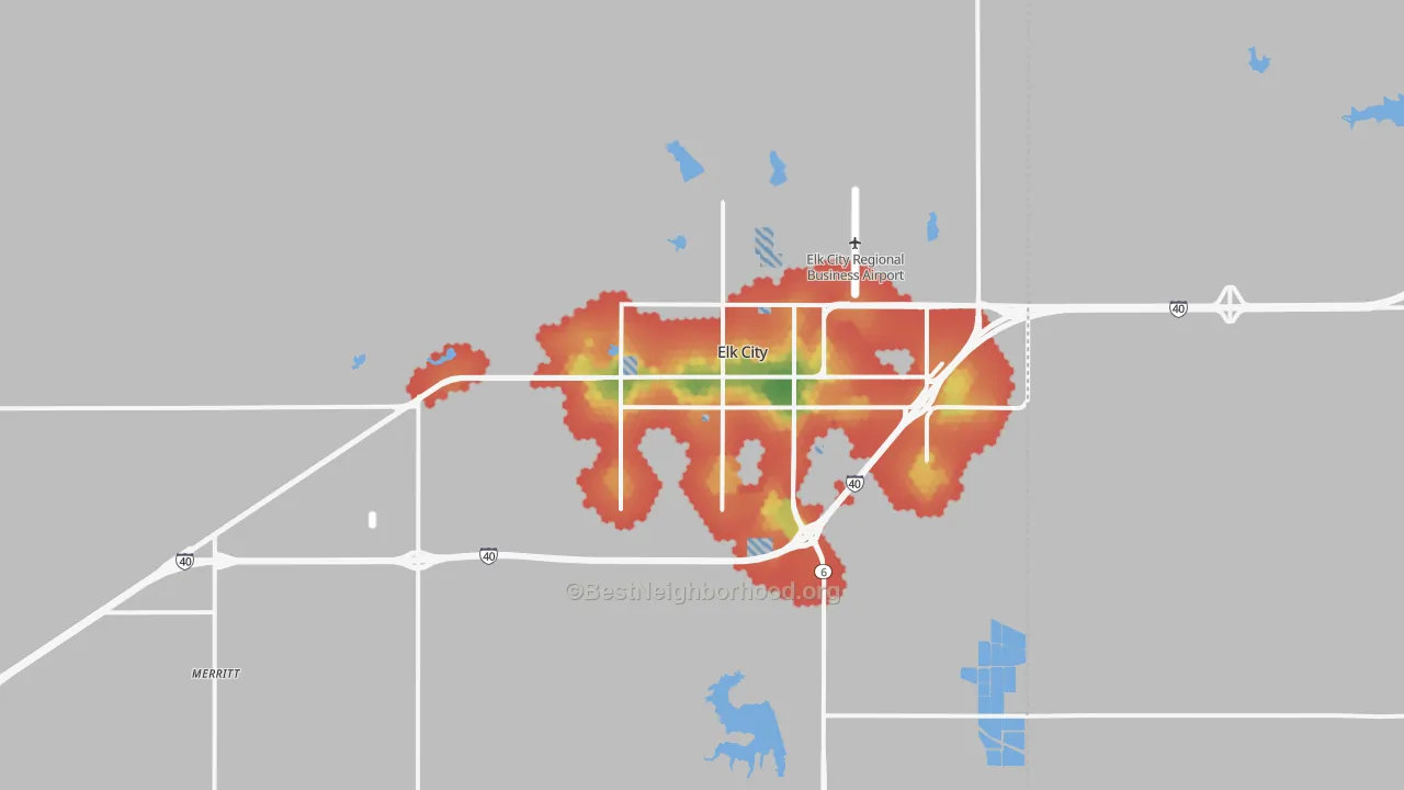 Walk Grade map of 73644, OK, walkable areas in green and car-dependent areas in red