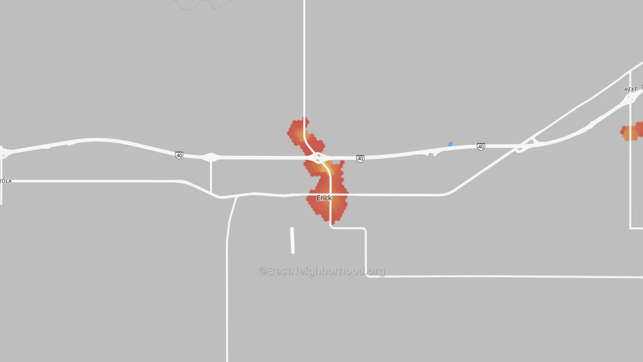 Walk Grade map of 73645, OK, walkable areas in green and car-dependent areas in red