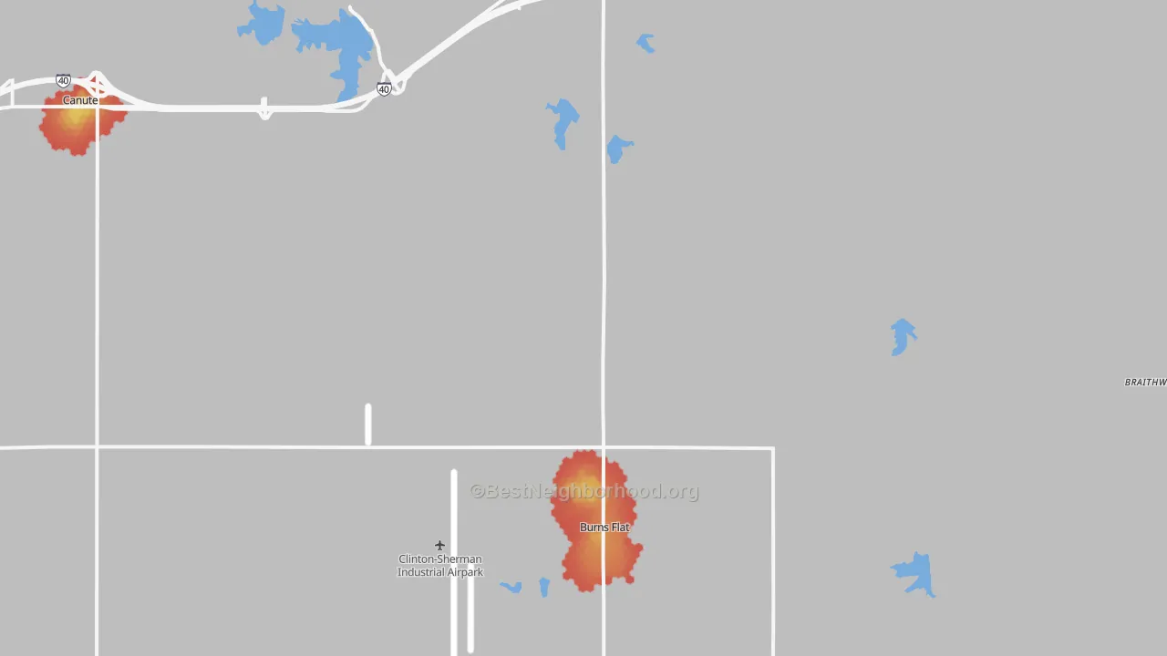 Walk Grade map of 73647, OK, walkable areas in green and car-dependent areas in red