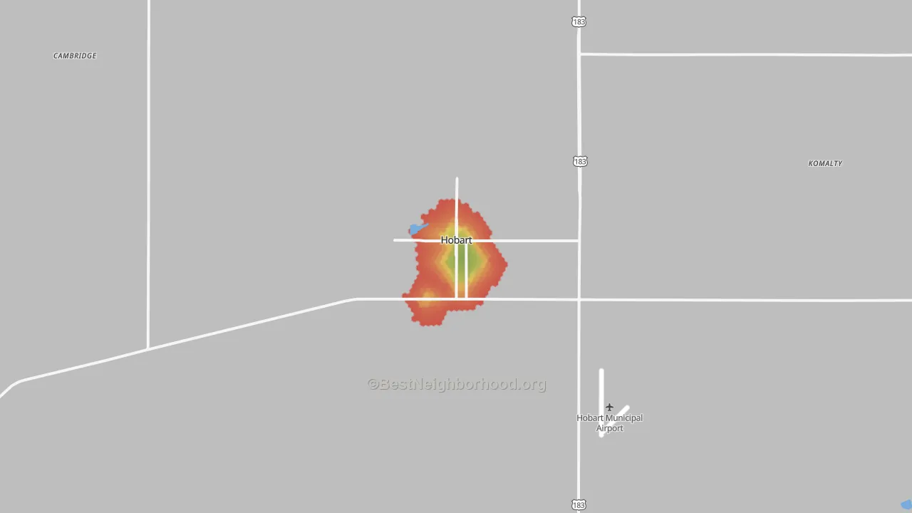 Walk Grade map of 73651, OK, walkable areas in green and car-dependent areas in red