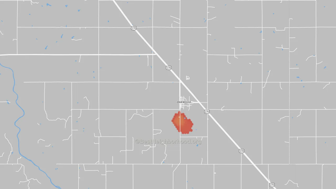 Walk Grade map of 73658, OK, walkable areas in green and car-dependent areas in red