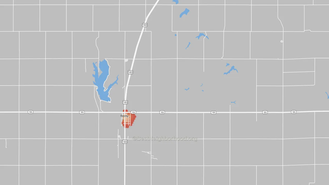 Walk Grade map of 73661, OK, walkable areas in green and car-dependent areas in red