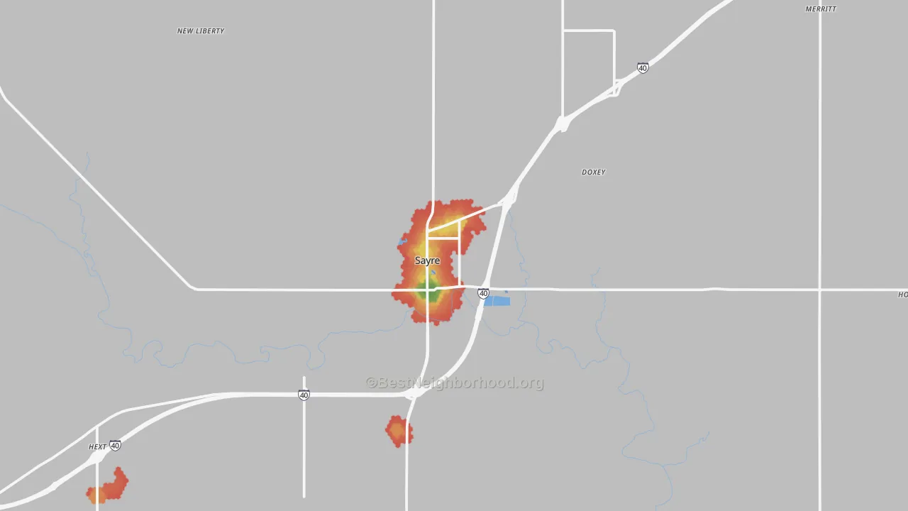 Walk Grade map of 73662, OK, walkable areas in green and car-dependent areas in red