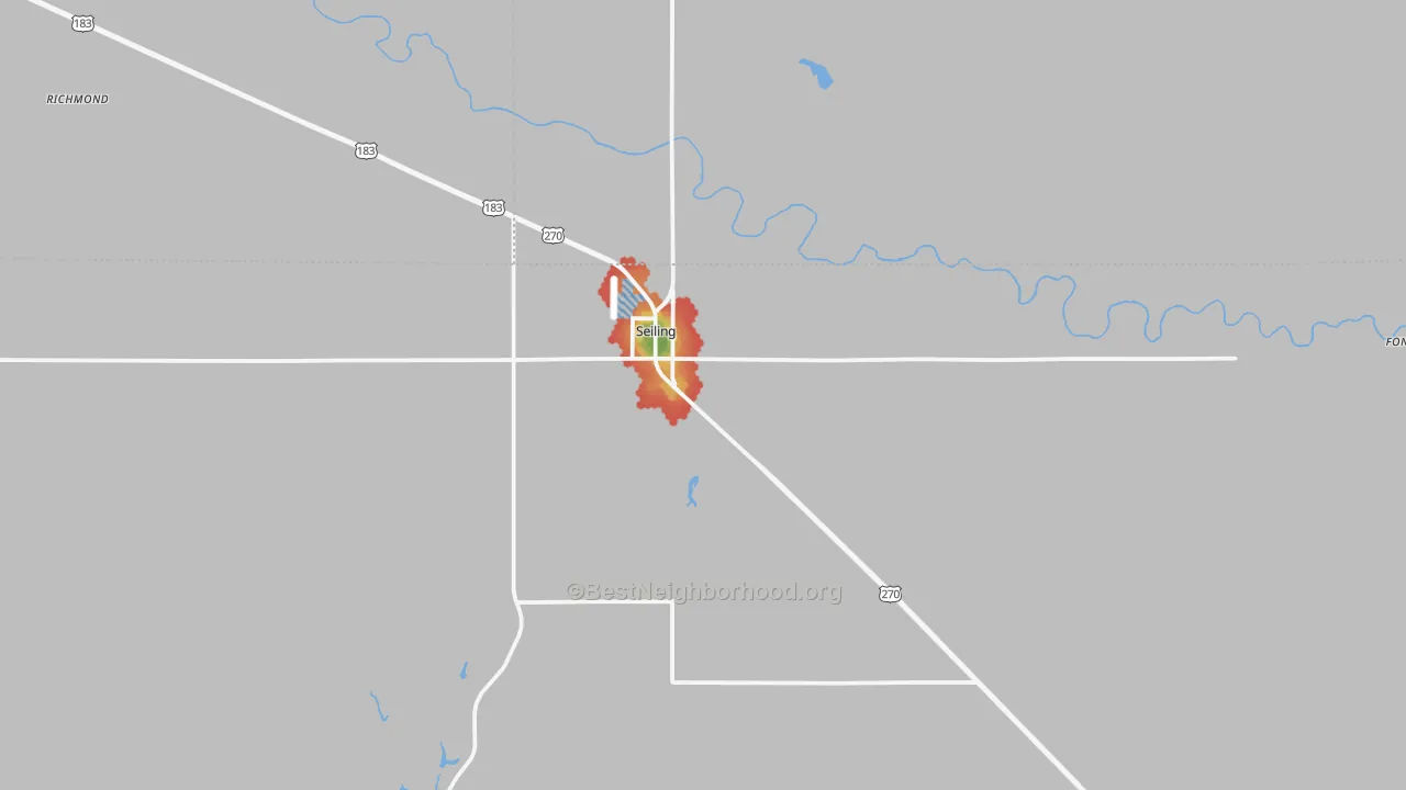 Walk Grade map of 73663, OK, walkable areas in green and car-dependent areas in red