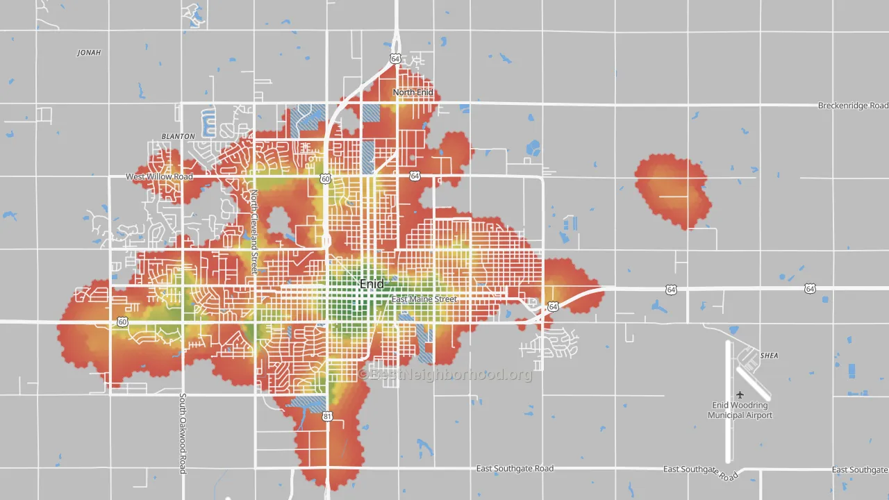 Walk Grade map of 73701, OK, walkable areas in green and car-dependent areas in red