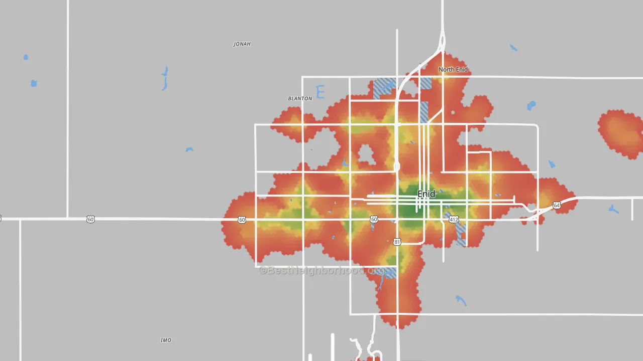 Walk Grade map of 73703, OK, walkable areas in green and car-dependent areas in red