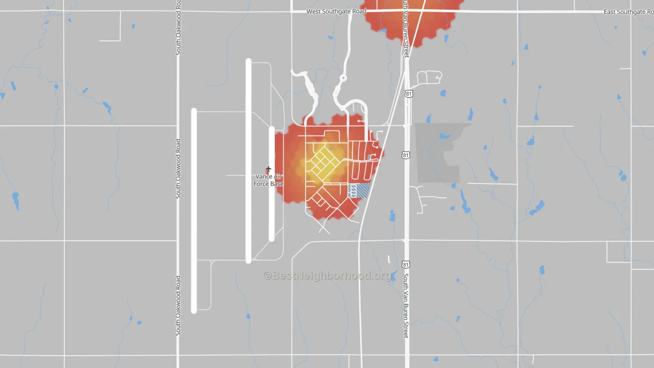 Walk Grade map of 73705, OK, walkable areas in green and car-dependent areas in red