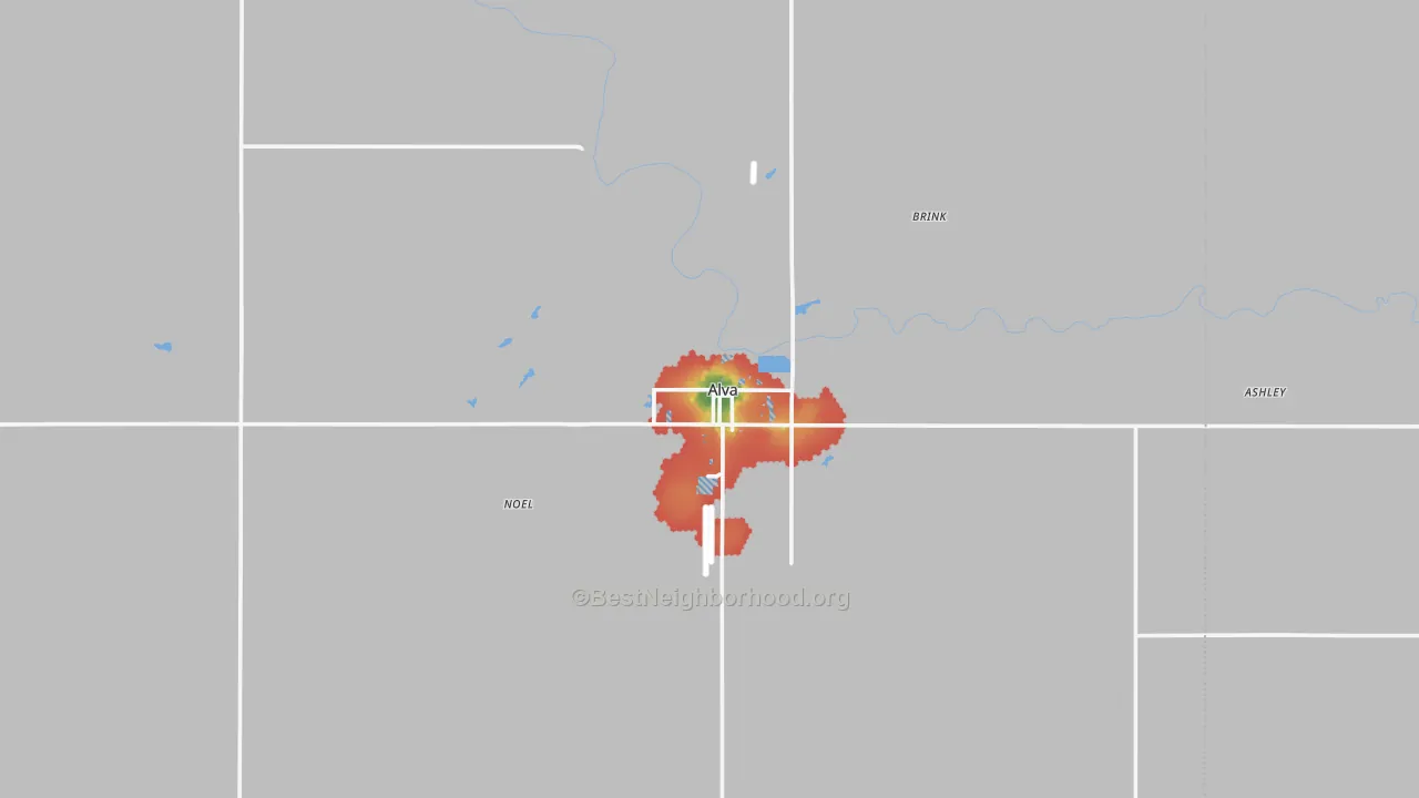 Walk Grade map of 73717, OK, walkable areas in green and car-dependent areas in red