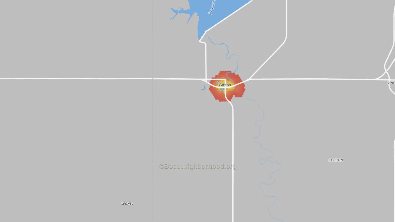 Walk Grade map of 73724, OK, walkable areas in green and car-dependent areas in red