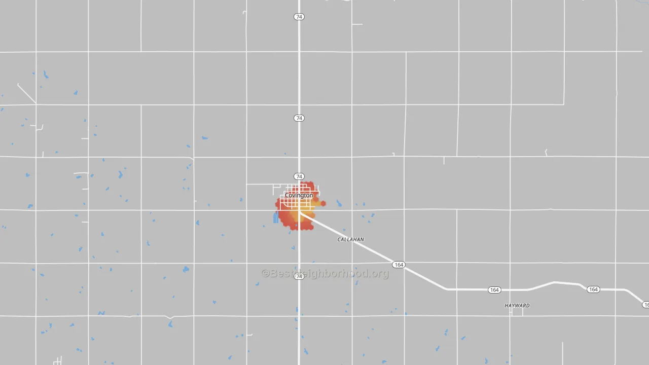 Walk Grade map of 73730, OK, walkable areas in green and car-dependent areas in red
