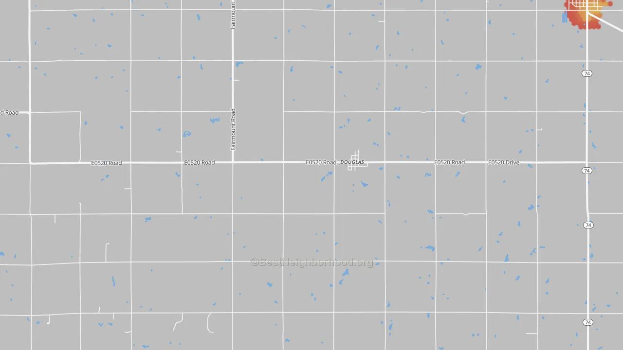 Walk Grade map of 73733, OK, walkable areas in green and car-dependent areas in red