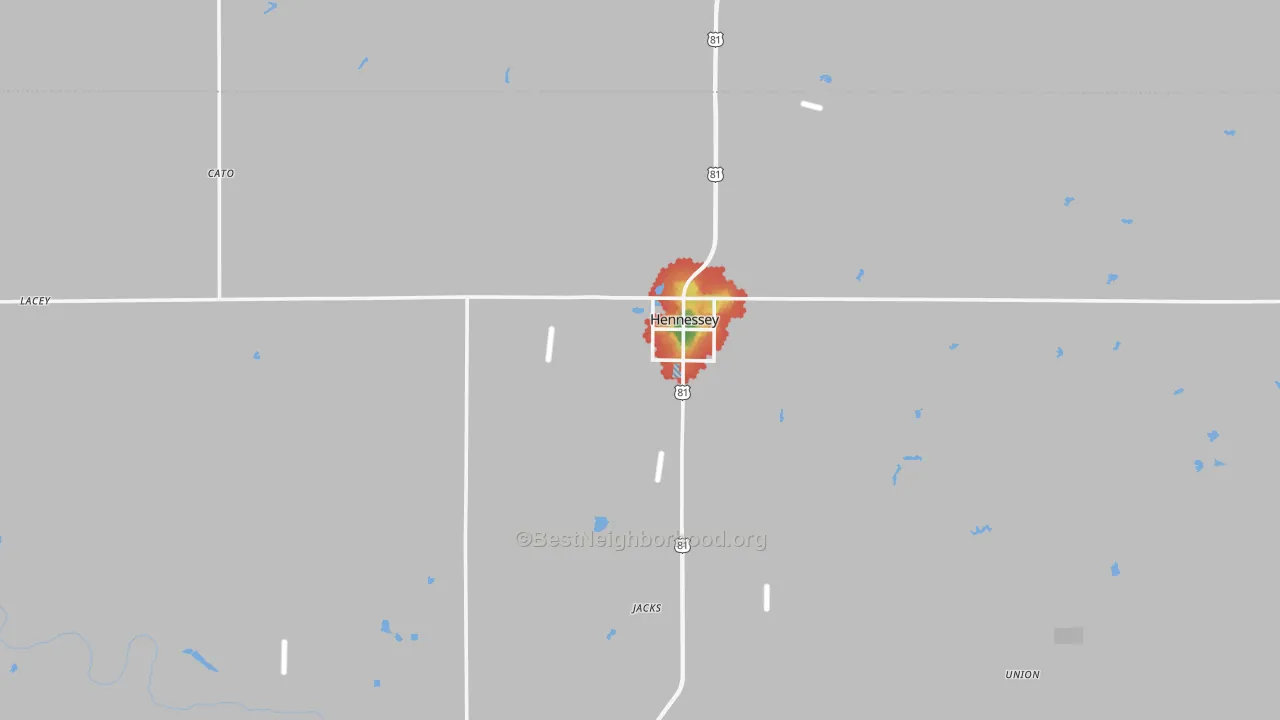 Walk Grade map of 73742, OK, walkable areas in green and car-dependent areas in red