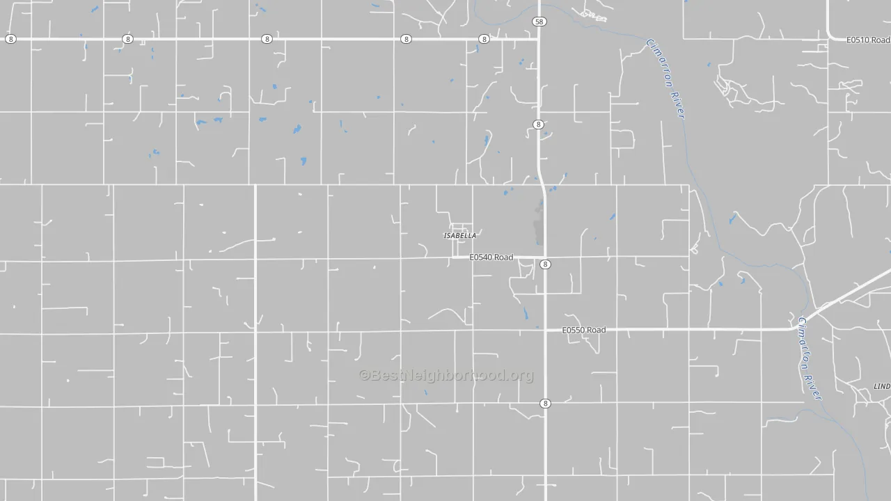 Walk Grade map of 73747, OK, walkable areas in green and car-dependent areas in red
