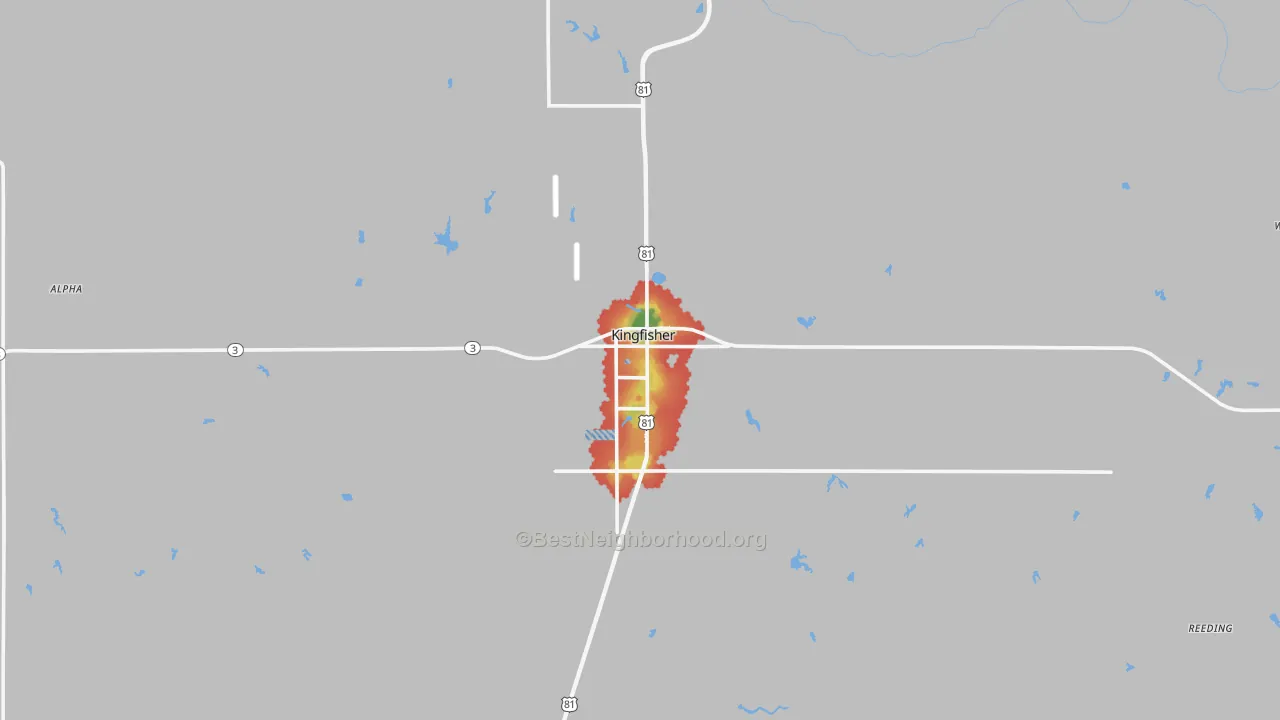 Walk Grade map of 73750, OK, walkable areas in green and car-dependent areas in red