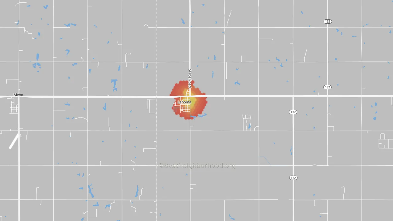 Walk Grade map of 73754, OK, walkable areas in green and car-dependent areas in red