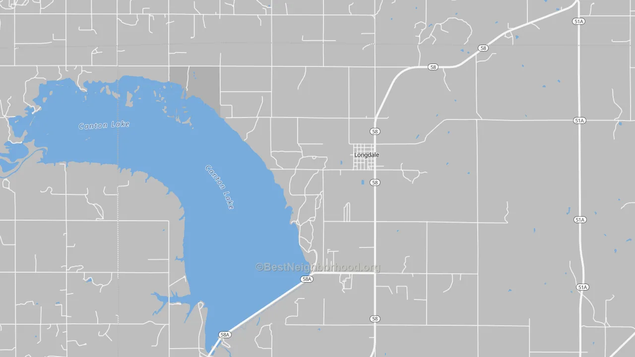 Walk Grade map of 73755, OK, walkable areas in green and car-dependent areas in red