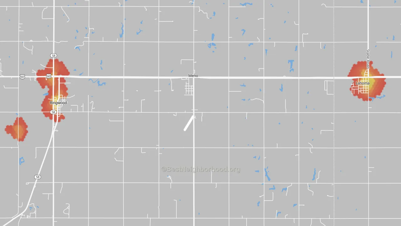 Walk Grade map of 73760, OK, walkable areas in green and car-dependent areas in red