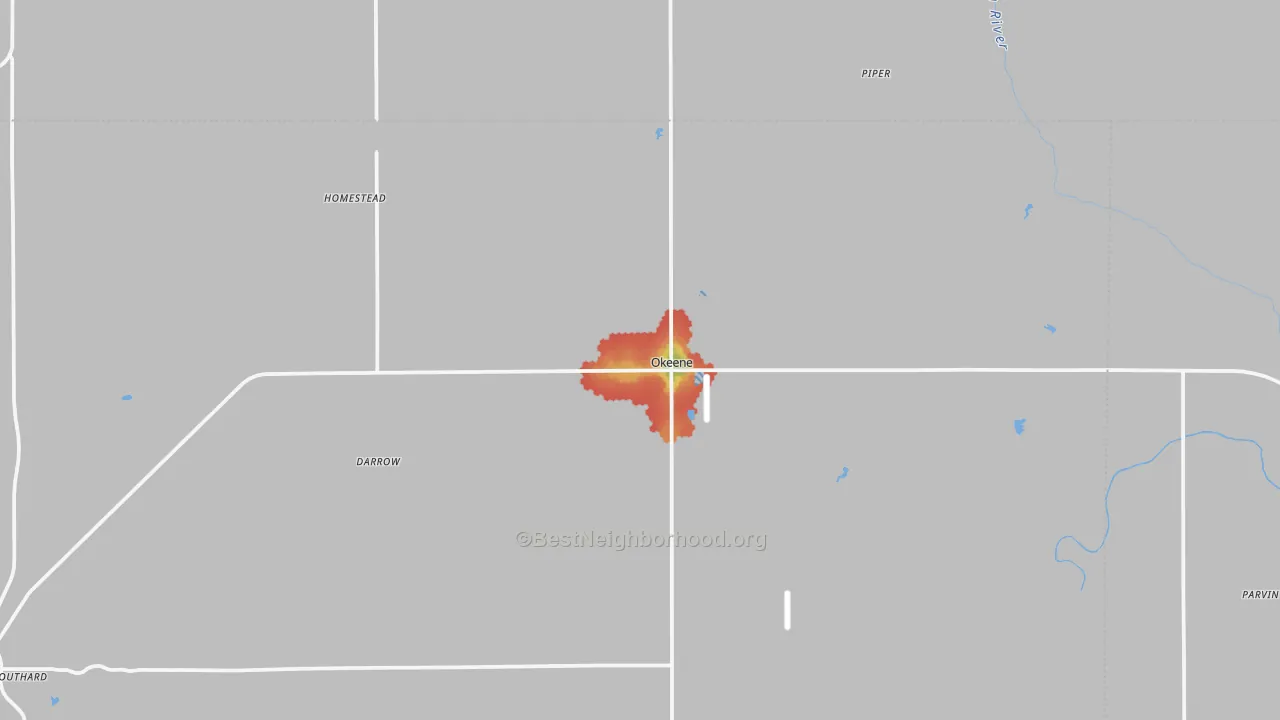 Walk Grade map of 73763, OK, walkable areas in green and car-dependent areas in red