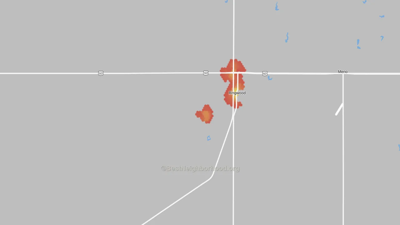 Walk Grade map of 73768, OK, walkable areas in green and car-dependent areas in red