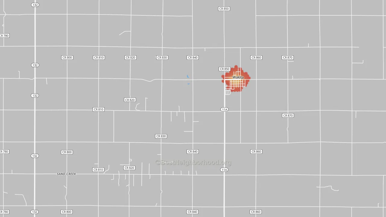 Walk Grade map of 73771, OK, walkable areas in green and car-dependent areas in red